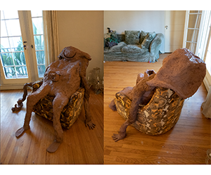 Two views of a blobby figure of brown clay slumped in a recliner.